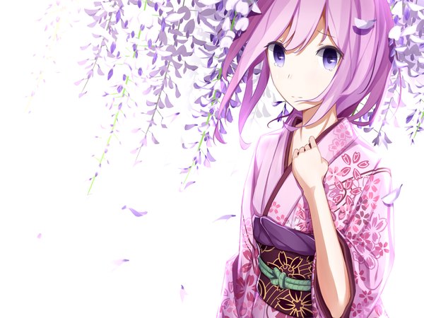 Anime picture 1200x900 with vocaloid megurine luka atha (leejuiping) single long hair looking at viewer fringe breasts simple background standing white background purple eyes purple hair upper body traditional clothes japanese clothes arm up wind wide sleeves tears