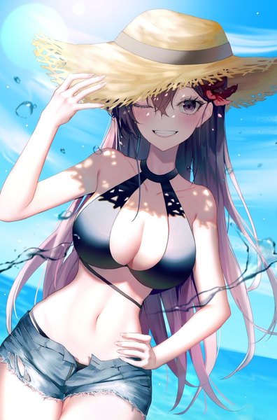 Anime picture 851x1291 with original luxiel single long hair tall image looking at viewer blush fringe breasts light erotic smile hair between eyes large breasts standing purple eyes holding cleavage purple hair cloud (clouds) outdoors