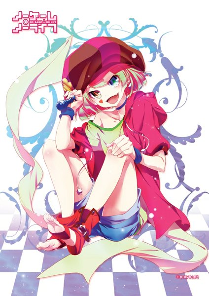 Anime picture 620x877 with no game no life madhouse tet (no game no life) playback (artist) single tall image short hair open mouth blonde hair smile signed yellow eyes aqua eyes legs copyright name heterochromia checkered floor floor face paint girl