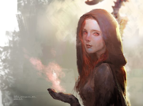 Anime picture 1200x888 with original lost elle single long hair looking at viewer red eyes standing red hair sunlight exhalation girl gloves black gloves hood cloak fire