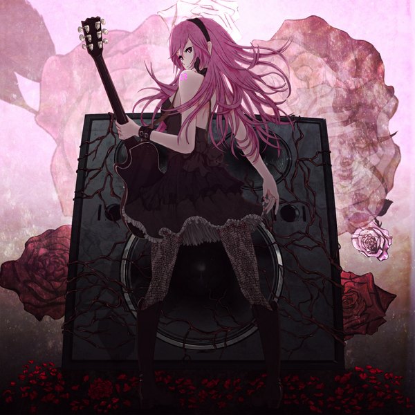 Anime picture 1000x1000 with vocaloid megurine luka aruk (artist) single long hair fringe red eyes standing bare shoulders holding pink hair looking back from behind from below tattoo back glowing floral background girl dress