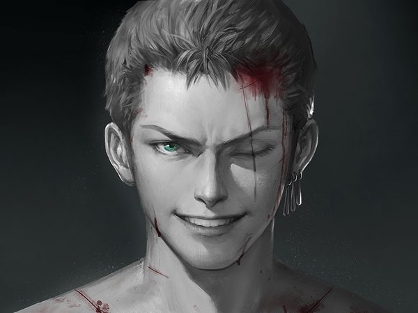 Anime picture 1000x750 with one piece toei animation roronoa zoro shitsu soku k single looking at viewer short hair simple background smile green eyes one eye closed realistic teeth piercing black background monochrome portrait ear piercing scar blood on face