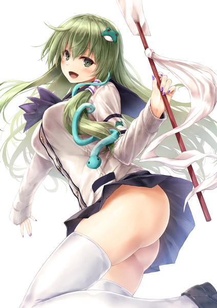 Anime picture 965x1364 with touhou kochiya sanae suien single long hair tall image looking at viewer blush fringe open mouth light erotic simple background smile hair between eyes white background holding green eyes bent knee (knees) ass long sleeves