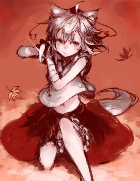 Anime picture 1050x1350 with touhou inubashiri momiji junwool single tall image looking at viewer blush short hair red eyes animal ears ahoge white hair lens flare wolf ears wolf tail girl weapon bandage (bandages) autumn leaves dagger