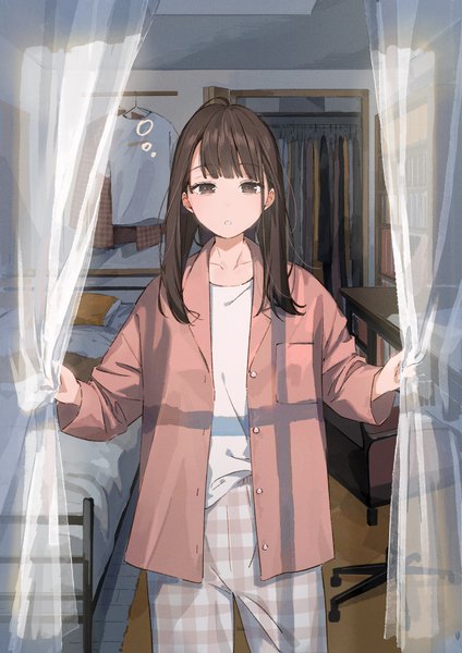 Anime picture 2894x4093 with original sako (user ndpz5754) single long hair tall image looking at viewer fringe highres brown hair standing brown eyes indoors blunt bangs long sleeves open clothes morning sleepy waking up girl bed