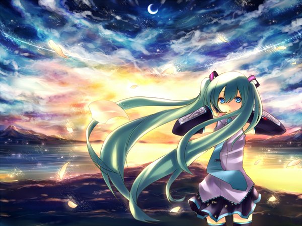 Anime picture 1024x768 with vocaloid hatsune miku long hair twintails cloud (clouds) very long hair aqua eyes aqua hair zettai ryouiki evening sunset girl thighhighs skirt detached sleeves petals necktie moon star (stars) headset