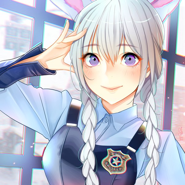 Anime picture 1000x1000 with zootopia disney judy hopps alcoholrang single long hair looking at viewer blush fringe smile hair between eyes purple eyes animal ears braid (braids) grey hair bunny ears twin braids bunny girl police humanization