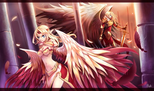 Anime picture 1800x1061 with league of legends morgana (league of legends) kayle (league of legends) beanbean1988 long hair highres breasts blue eyes light erotic wide image multiple girls white hair pointy ears bare belly midriff angel wings siblings sisters angel girl