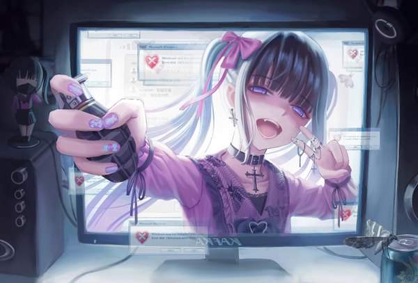 Anime picture 1090x740 with original kafkasea single long hair looking at viewer blush fringe open mouth black hair purple eyes upper body indoors blunt bangs nail polish head tilt :d fang (fangs) victory nail art through screen