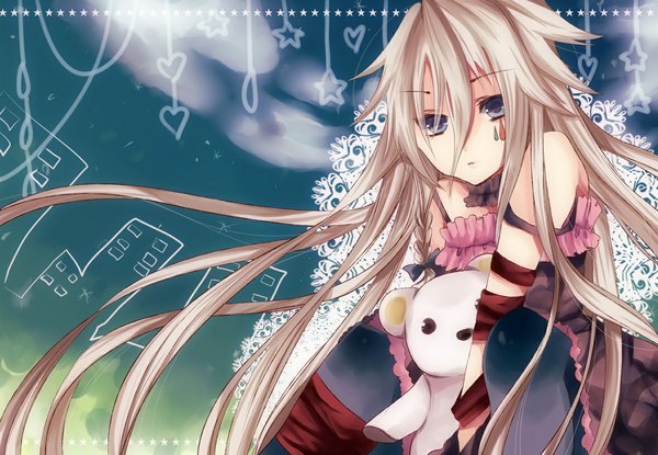 Anime picture 1180x817 with vocaloid ia (vocaloid) single long hair looking at viewer fringe blue eyes blonde hair bare shoulders holding braid (braids) alternate costume twin braids face paint girl hair ornament bow hair bow toy