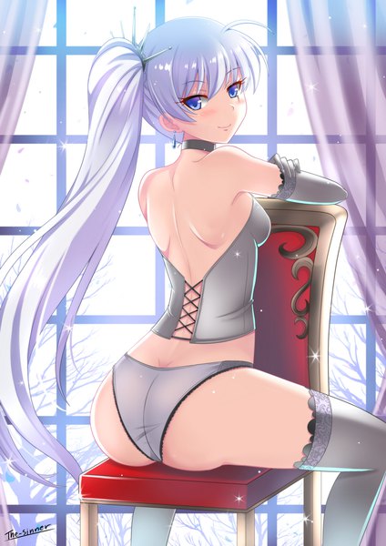 Anime picture 849x1200 with rwby rooster teeth weiss schnee the-sinner single long hair tall image blush blue eyes light erotic white hair looking back underwear only back side ponytail girl thighhighs gloves underwear panties