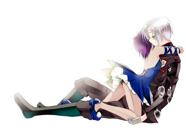 Anime picture 2150x1500 with d.gray-man allen walker road kamelot kurabayashi highres short hair light erotic simple background white background sitting silver hair purple hair eyes closed profile grey hair from behind couple hug kneeling back