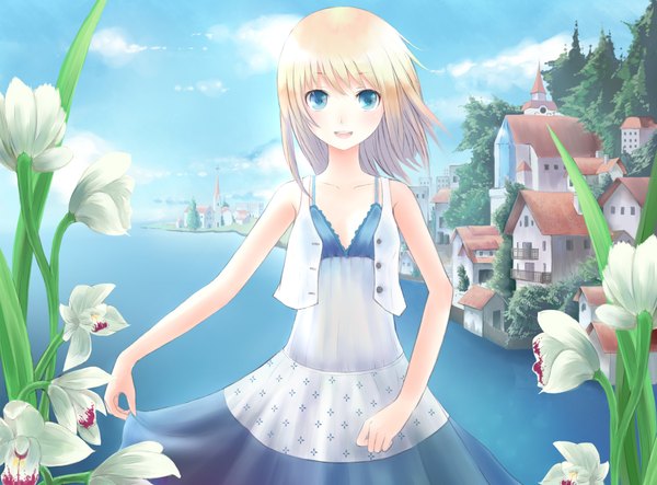 Anime picture 2300x1700 with original minato (shouno) single highres short hair blue eyes blonde hair girl flower (flowers) water building (buildings) sundress house