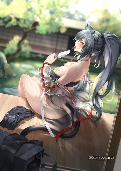 Anime picture 3307x4677 with arknights schwarz (arknights) egoist-001 single long hair tall image looking at viewer blush fringe highres breasts light erotic hair between eyes large breasts sitting holding animal ears yellow eyes payot absurdres