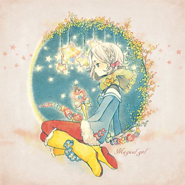 Anime picture 1000x1000 with original cako asida single short hair blue eyes simple background sitting white hair profile inscription girl flower (flowers) pantyhose boots scarf star (symbol) wand