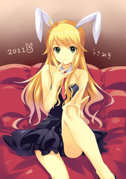 Anime picture 1000x1414 with idolmaster hoshii miki single long hair tall image blonde hair bare shoulders green eyes animal ears bunny ears finger to mouth girl dress