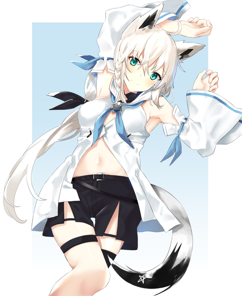 Anime picture 1427x1745 with virtual youtuber hololive shirakami fubuki shirakami fubuki (1st costume) chamnaitu single long hair tall image looking at viewer blush fringe breasts light erotic simple background smile hair between eyes standing animal ears ahoge white hair