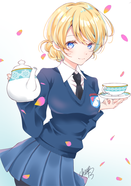 Anime picture 1000x1417 with girls und panzer darjeeling (girls und panzer) sheepd single tall image looking at viewer short hair blue eyes simple background blonde hair holding signed pleated skirt light smile hair bun (hair buns) gradient background tea set girl skirt uniform