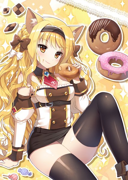 Anime picture 812x1142 with original mauve single long hair tall image looking at viewer fringe breasts blonde hair smile sitting bare shoulders holding brown eyes animal ears yellow eyes bent knee (knees) braid (braids) long sleeves head tilt
