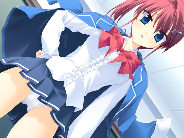 Anime picture 1200x900 with fairy life (game) blue eyes light erotic game cg red hair pantyshot girl underwear panties serafuku