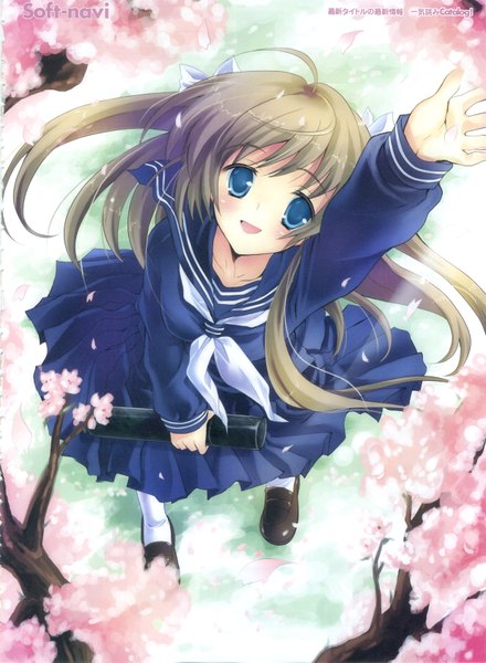 Anime picture 2468x3366 with nekou izuru single long hair tall image blush highres open mouth blue eyes blonde hair scan cherry blossoms happy graduation girl skirt plant (plants) tree (trees) serafuku shoes