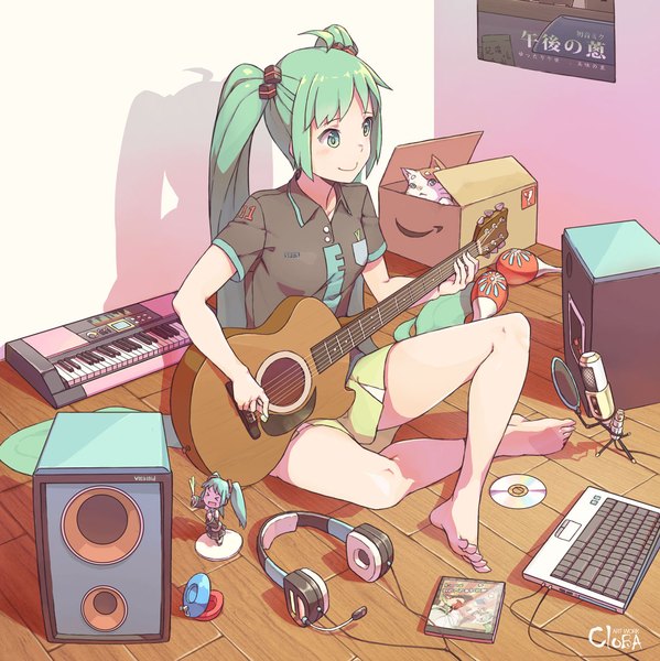 Anime picture 1181x1183 with vocaloid hatsune miku cloba single tall image smile sitting twintails green eyes signed indoors very long hair barefoot green hair indian style playing girl skirt animal headphones