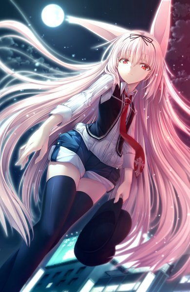 Anime picture 1280x1965 with gleam garden no shoujo luna (gleam garden no shoujo) char single tall image looking at viewer red eyes animal ears game cg cloud (clouds) white hair very long hair night girl thighhighs black thighhighs shirt necktie shorts moon