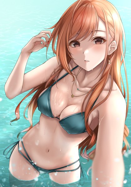 Anime picture 1465x2087 with idolmaster idolmaster shiny colors arisugawa natsuha yuzuyu (hyui) single long hair tall image looking at viewer blush fringe breasts light erotic large breasts standing brown eyes cleavage nail polish parted lips head tilt arm up