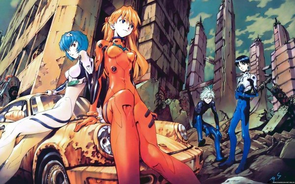 Anime picture 1600x1000 with neon genesis evangelion evangelion: 2.0 you can (not) advance gainax soryu asuka langley ayanami rei ikari shinji nagisa kaworu long hair short hair blue eyes red eyes wide image standing sitting multiple girls blue hair white hair orange hair city ruins