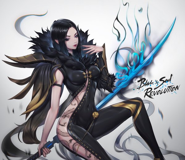 Anime picture 3840x3334 with blade & soul jin seo yeon paul (shiramune) single long hair looking at viewer highres breasts blue eyes black hair absurdres bent knee (knees) nail polish parted lips fingernails pointy ears realistic tattoo copyright name fur trim