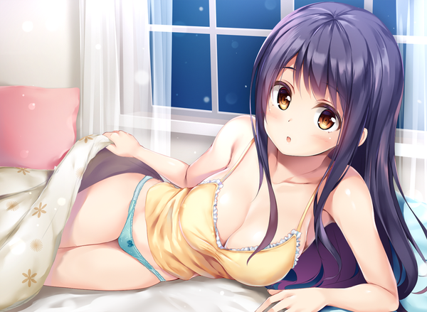 Anime picture 1200x878 with original pasdar single long hair looking at viewer blush fringe breasts open mouth light erotic large breasts bare shoulders brown eyes payot cleavage purple hair lying :o on side under covers