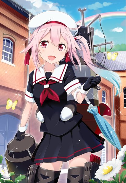 Anime picture 2590x3761 with kantai collection harusame destroyer gotyou ayuyanaka no hito single long hair tall image looking at viewer highres open mouth pink hair ponytail pink eyes multicolored hair aqua hair side ponytail gradient hair carrying girl skirt