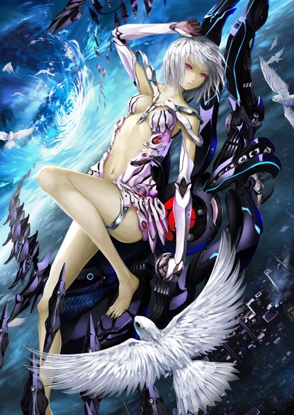 Anime picture 2156x3042 with original solru (tyappygain) single tall image highres short hair light erotic red eyes looking away white hair lying barefoot bare belly bare legs hand on head flying fantasy midair mecha musume mechanical parts