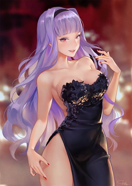 Anime picture 800x1131 with idolmaster shijou takane chatalaw single long hair tall image blush breasts light erotic smile red eyes large breasts standing bare shoulders signed looking away purple hair fingernails lips sleeveless