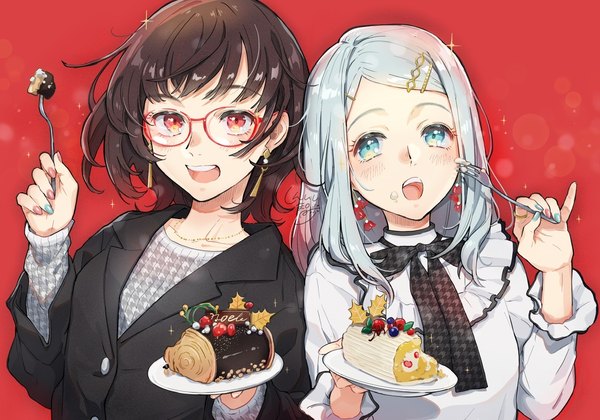Anime picture 1280x896 with original piroshiki123 long hair short hair open mouth blue eyes black hair simple background red eyes multiple girls silver hair upper body nail polish :d :o sparkle christmas red background food on face girl