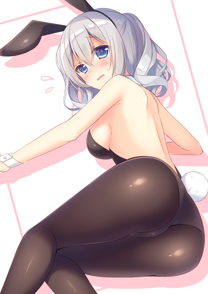 Anime picture 600x847 with kantai collection kashima training cruiser sumisaki yuzuna single long hair tall image looking at viewer blush breasts blue eyes light erotic simple background hair between eyes large breasts white background twintails bare shoulders animal ears silver hair ass