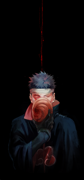 Anime-Bild 1344x2868 mit naruto studio pierrot naruto (series) uchiha obito tobi zifletts single tall image looking at viewer short hair black hair simple background red eyes signed one eye closed twitter username black background akatsuki boy gloves