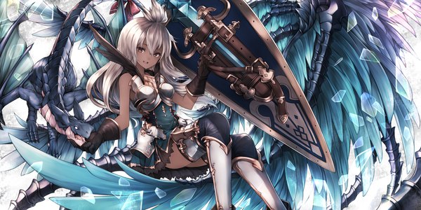 Anime picture 7000x3500 with granblue fantasy the order grande snm (sunimi) single long hair looking at viewer fringe highres breasts open mouth hair between eyes wide image sitting holding brown eyes absurdres silver hair bent knee (knees) dark skin fantasy