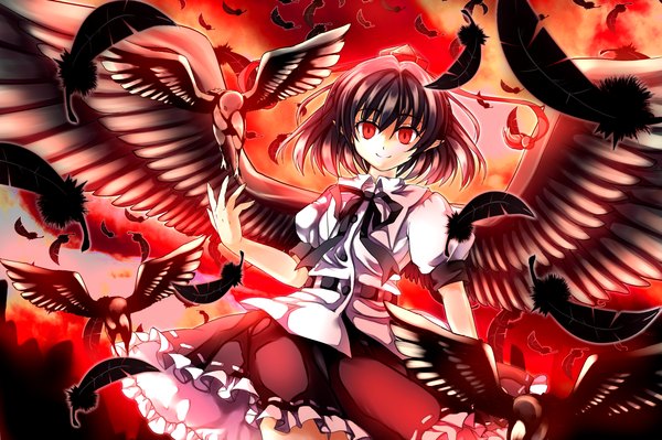 Anime picture 2000x1333 with touhou shameimaru aya fuepo highres short hair black hair smile red eyes girl animal wings bird (birds) feather (feathers) tokin hat
