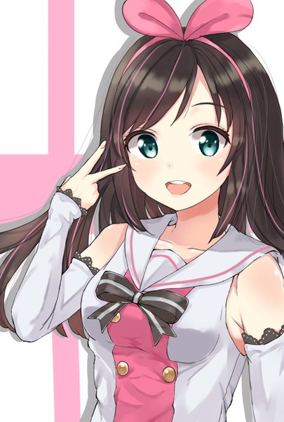 Anime picture 1181x1748 with virtual youtuber a.i. channel kizuna ai yoshinon kotori single long hair tall image looking at viewer blush fringe open mouth simple background smile brown hair standing upper body :d multicolored hair aqua eyes fingernails