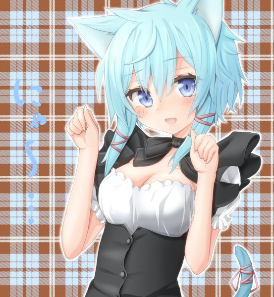 Anime picture 792x858 with sword art online a-1 pictures asada shino rateratte tall image blush fringe short hair breasts blue eyes smile large breasts twintails animal ears cleavage tail parted lips animal tail cat ears aqua hair