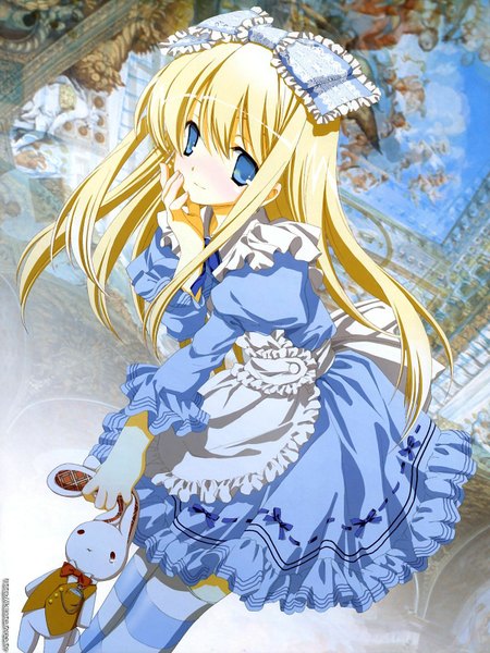Anime picture 1200x1600 with alice in wonderland alice (alice in wonderland) long hair tall image looking at viewer blush blue eyes blonde hair loli girl thighhighs dress bow hair bow socks apron toy striped thighhighs blue dress lace