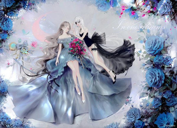 Anime picture 1500x1083 with original dadachyo bare shoulders multiple girls signed silver hair full body eyes closed very long hair grey hair inscription high heels blindfold girl dress flower (flowers) bow 2 girls earrings black dress