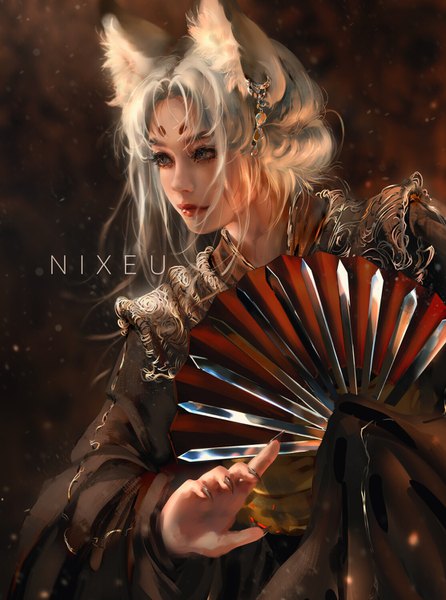 Anime picture 1114x1500 with original nixeu single tall image fringe short hair holding signed animal ears payot looking away silver hair upper body nail polish traditional clothes fingernails lips realistic wide sleeves grey eyes