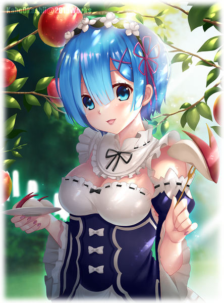 Anime picture 1200x1619 with re:zero kara hajimeru isekai seikatsu white fox rem (re:zero) kaho okashii single tall image looking at viewer blush fringe short hair breasts open mouth blue eyes hair between eyes holding signed blue hair cleavage upper body nail polish