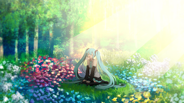 Anime picture 1280x720 with vocaloid hatsune miku matsuda toki single fringe open mouth smile hair between eyes wide image sitting twintails bare shoulders payot full body outdoors eyes closed very long hair pleated skirt sunlight depth of field