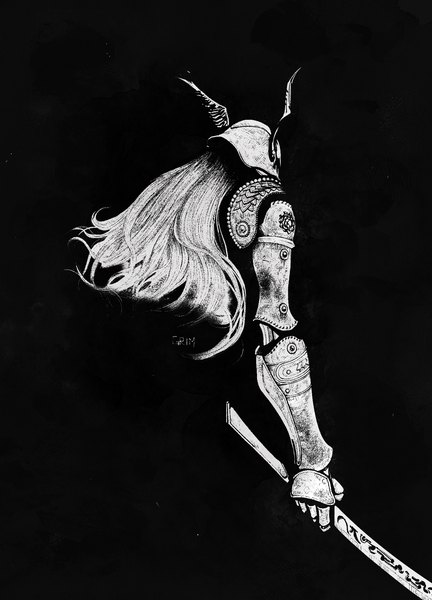 Аниме картинка 1383x1923 с elden ring malenia blade of miquella mxmmgrm один (одна) длинные волосы высокое изображение простой фон держать чёрный фон монохромное девушка оружие шлем протез лезвие