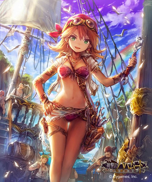 Anime picture 1200x1440 with shingeki no bahamut umberwig tall image looking at viewer fringe short hair open mouth smile standing holding green eyes signed sky cloud (clouds) orange hair inscription multiple boys bare belly hand on hip solo focus