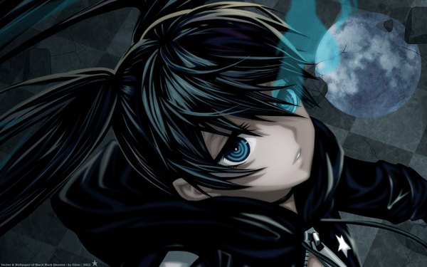 Anime picture 2560x1600 with black rock shooter black rock shooter (character) long hair highres blue eyes black hair wide image twintails glowing glowing eye (eyes) girl moon