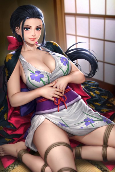 Anime picture 2400x3597 with one piece toei animation nico robin nudtawut thongmai single long hair tall image looking at viewer blush highres breasts blue eyes light erotic black hair smile large breasts sitting signed payot cleavage